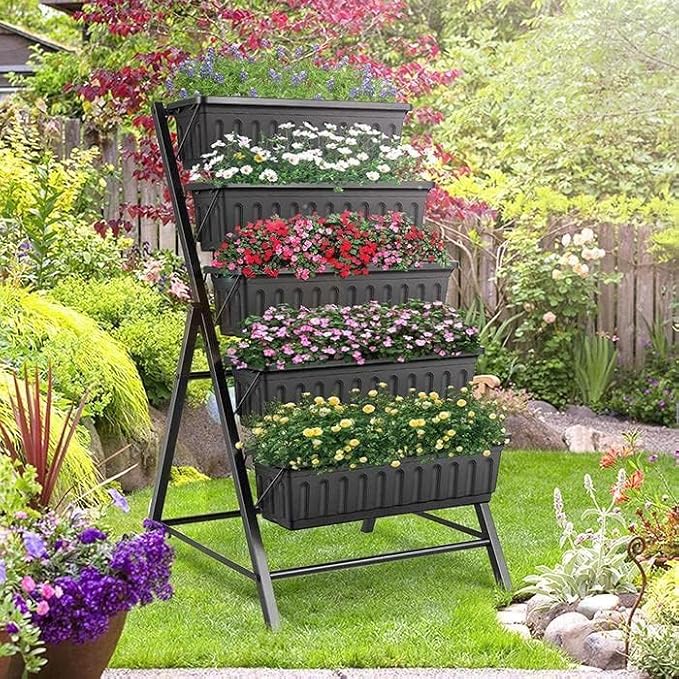 SEJOV 4FT Vertical Raised Garden Bed, 5 Tiers Elevated Planter Box for Herbs Vegetables Flowers, Graden Vertical Planter with Drainage System for Patio Balcony Garden Outdoor Indoor Plants (Black)