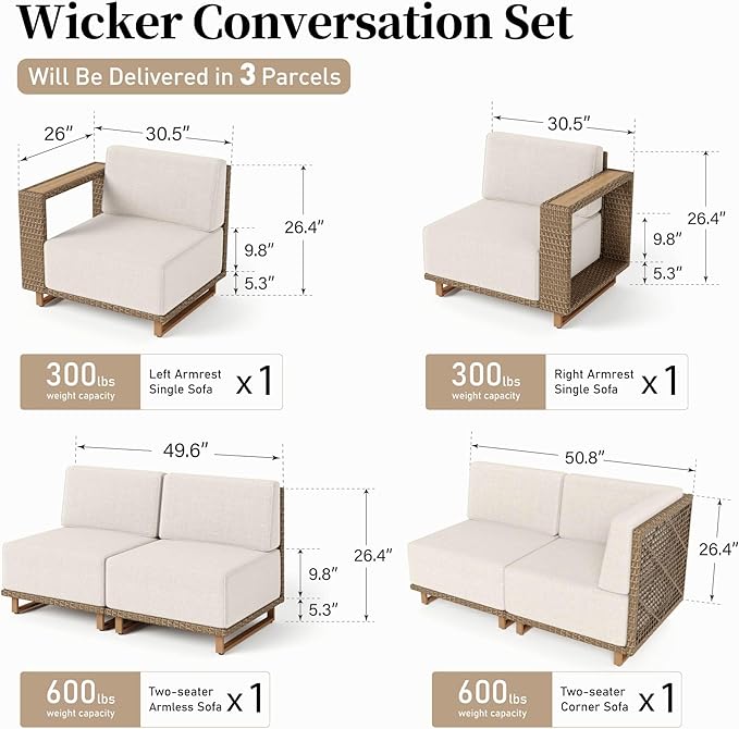 L Shaped Patio Furniture,Outdoor Rattan Wicker Sectional Sofa with 10''Ultra-Thick Cushions,All Weather Patio Conversation Set for Lawn Garden Backyard,Beige