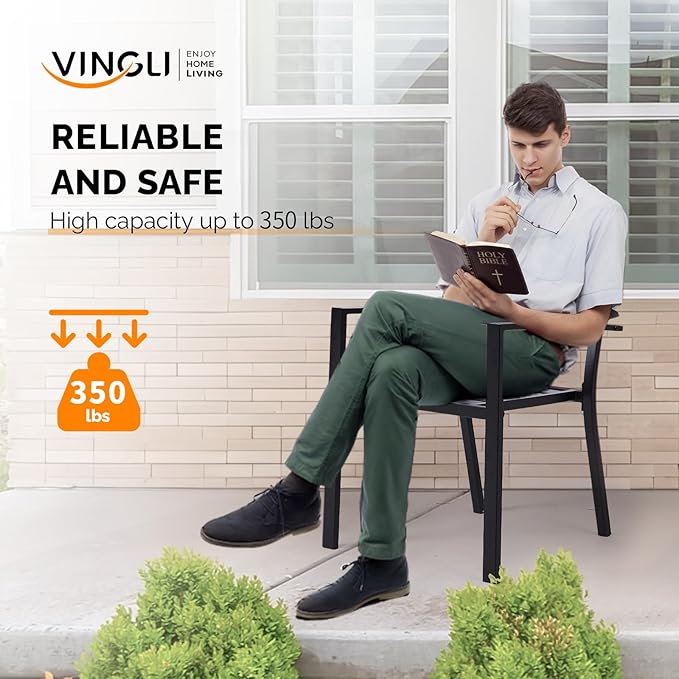 VINGLI Outdoor Dining Chairs Set of 4, Metal Frame Patio Chairs with Armrests, Patio Dining Chairs Garden Chairs for Yard, Front Porch and Deck, Black