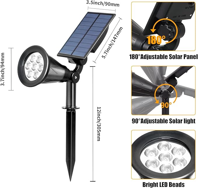T-SUN Solar Spotlights, 7 LED Solar Lights Outdoor Waterproof, Auto ON/Off Adjustable Solar Garden Pond Lights for Tree, Patio, Yard, Garden, Driveway, Stairs, Pool Area (Yellow- 4 Pack)