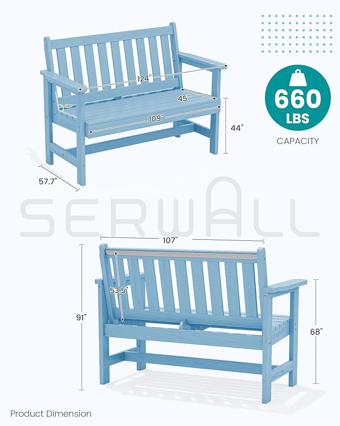 SERWALL Outdoor Bench, HDPE Outdoor Benches Weatherproof, 2-Person Garden Bench with 660 lbs Weight Capacity, Patio Benches for Outdoors, Garden, Porch, Backyard and Park, Light Blue, 2 Pack