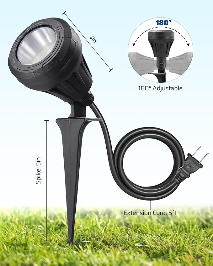 DEWENWILS 120V LED Outdoor Spotlight, 3 Extra Lenses (Red Green Yellow), 5.5W 5000K Plug in Spotlight, Waterproof Landscape Light for Yard, Tree Flag, Holiday, 5FT Extension Cord, UL Listed