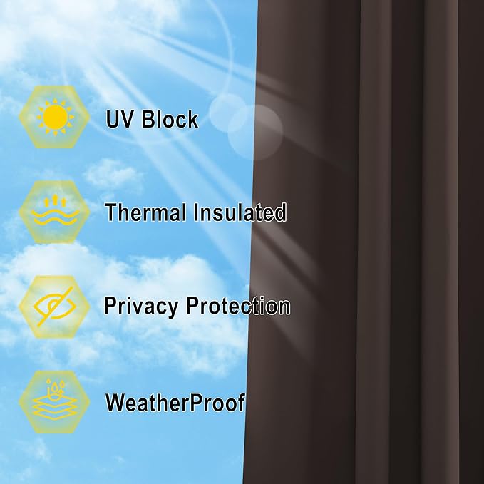 NICETOWN Outdoor Curtain 95 Long for Patio Waterproof, Thermal Insulated Blackout Curtain/Drape with Grommets on Top and Bottom for Indoors and Outdoors (1 Piece, 52 Inch by 95 Inch, Toffee Brown)