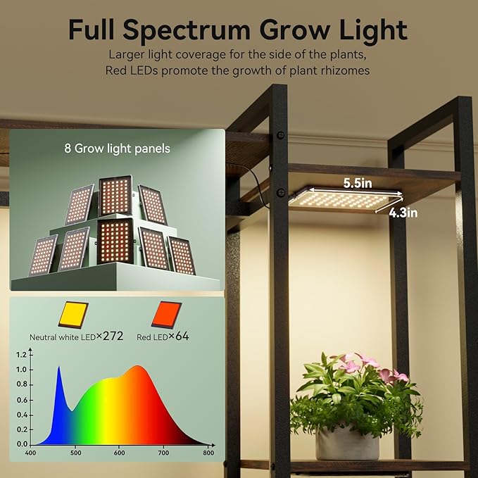 Plant Stand Indoor with Grow Lights 11 Tiered Wood Indoor Plant Shelf 62" Tall Plant Stand Metal Frame for Indoor Plants Multiple Flower Pot Holder, Large Plant Rack for Living Room Patio Corner