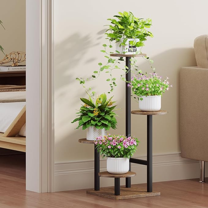 Plant Stand Indoor with Grow Light,4-Tiered Tall Plant Stand Indoor, Metal Plant Shelf with Adjustable Light, Ideal for Living Room, Garden, Patio (Black Brown)