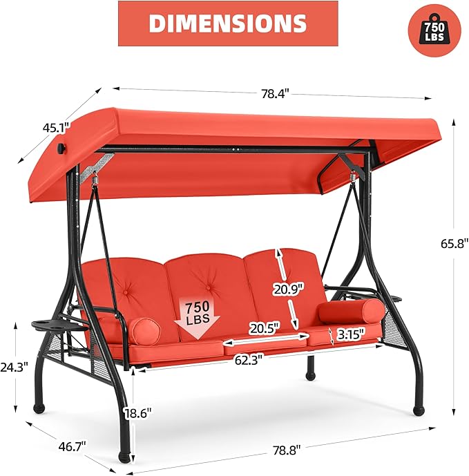 HOMREST 3 Seat Outdoor Porch Swing with Adjustable Canopy, Convertible Patio Swing Bed with Stand, Patio Glider Swing with Upgraded Cup Holder, Thicken Cushions ＆ Pillow for Backyard(Orange)