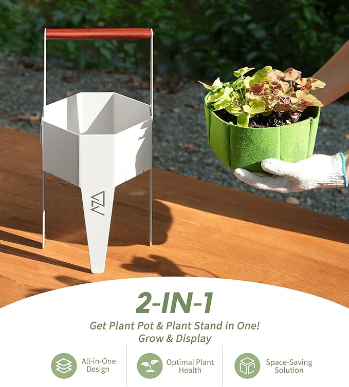 Planter with Stand, Metal 2 in 1 Portable Planter with Grow Bags & Handle, Stable Stylish Indoor Plant Pots with Stand, Modern Flower Pots Outdoor, 7.5'' x 17.3'', White, Plant Not Included