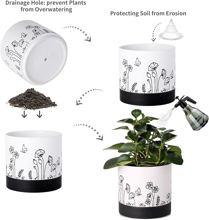 Nihow Ceramic Plant Pot: 6 Inch Planter with Drainage Hole & Saucer for Indoor & Outdoor Plants - Cylinder Round Flower Pot for Succulent/Herbs/Violets - White