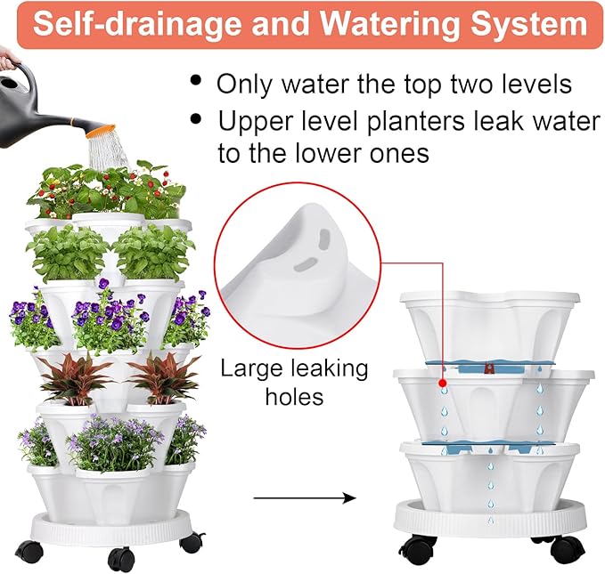 GameXcel Vertical Planter 5 Tier Stackable Planters Garden Planters Strawberry Herb Flower and Vegetable Planter Indoor Outdoor Gardening Pots with Removable Wheels and Tools White