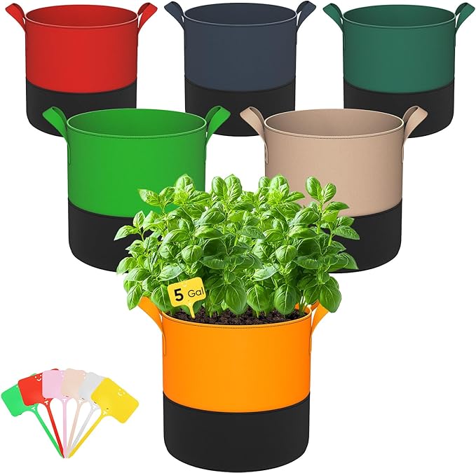 5-Gallon Grow Bags: 6 Pack Heavy Duty 350G Thickened Fabric Pots Nonwoven Felt Garden Bags for Growing Vegetable Fruit Flower with Plant Labels