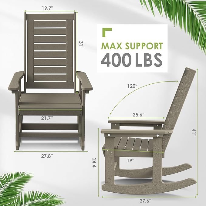 GREENVINES Outdoor Rocking Chairs | Set of 4 | Porch Rocker | HDPE Plastic | Wood Grain | Oversized Rockers | High Back | Big & Tall | Ladder Back | Desert Brown | for Patio Outside