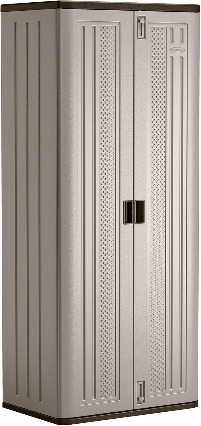 Suncast Tall Storage Cabinet, Platinum Resin Garage Storage Cabinet with Doors & Shelves, Plastic, Lockable, Freestanding Utility Closet for Tools & Supplies, Made in USA