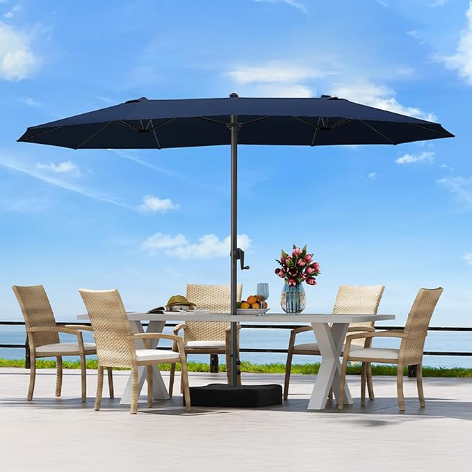 OLILAWN Patio Table Umbrella, 15ft Large Deck Umbrella with Base Included, Outdoor Double-Sided Rectangle Market Umbrella with Aluminium Crank, 12 Sturdy Ribs, for Deck Porch Garden,Dark Blue