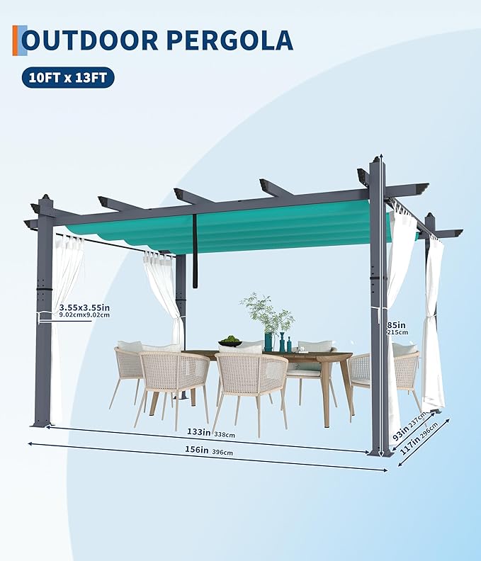 GarveeLife 10 x 13 ft Outdoor Pergol Metal Gazebo with Adjustable Canopy Reinforced Frame Outdoor Shelter for Backyard Patio Garden Deck - Blue with Curtains Mosquito Netting