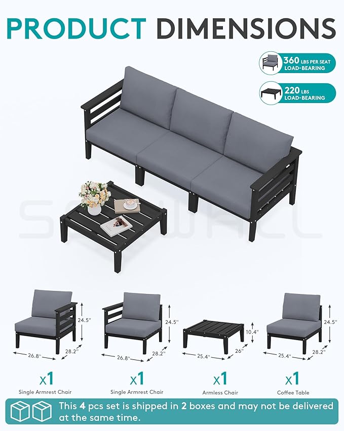 SERWALL HDPE Patio Furniture Set, 4 Pieces Outdoor Sectional Sofa Set, All-Weather Wood-Like Outdoor Sofa Couch with Coffee Table for Deck, Lawn, Black Frame with Grey Cushion