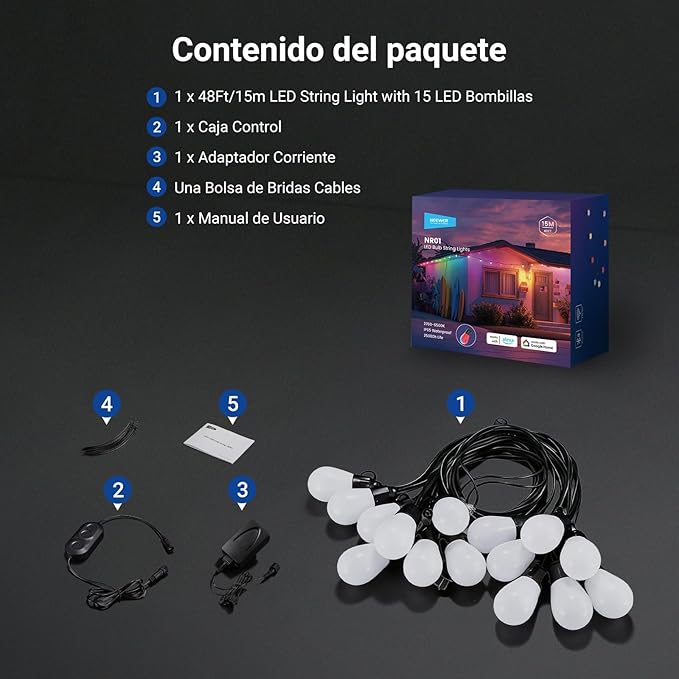 NEEWER 48ft Outdoor String Lights, App Control Smart AI RGBW Hanging Outside Patio Balcony Backyard Holiday Lighting, IP65 Waterproof, 15 LED Bulbs, 50+ Scenes, Compatible with Alexa Google, NR01