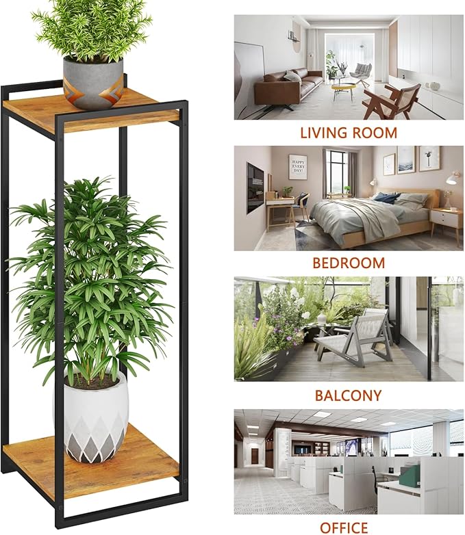 2-Tier Plant Stand Indoor, 34" Tall Modern Plant Shelf Corner Flower Pot Holder Organizer for Living Room Balcony Garden, Rustic Brown