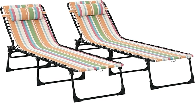 Outsunny Folding Chaise Lounge Chair Set of 2, Patio Sun Tanning Chair, Outdoor Chaise Lounger with 4-Position Reclining Back, Breathable Mesh Seat for Beach, Poolside, Rainbow Striped