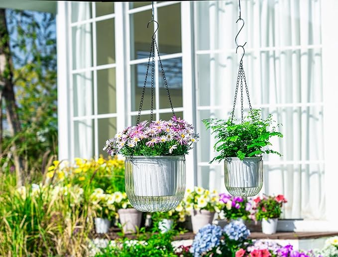 Josteve 5.2/8.2 Inch 2 Pcs Self Watering Hanging Planter Indoor Plant Pots Drainage Holes, Outdoor Small Hanging Planters Flower Pot Basket, Visible Water Level, Plant Hanger Home Decor, Gardening