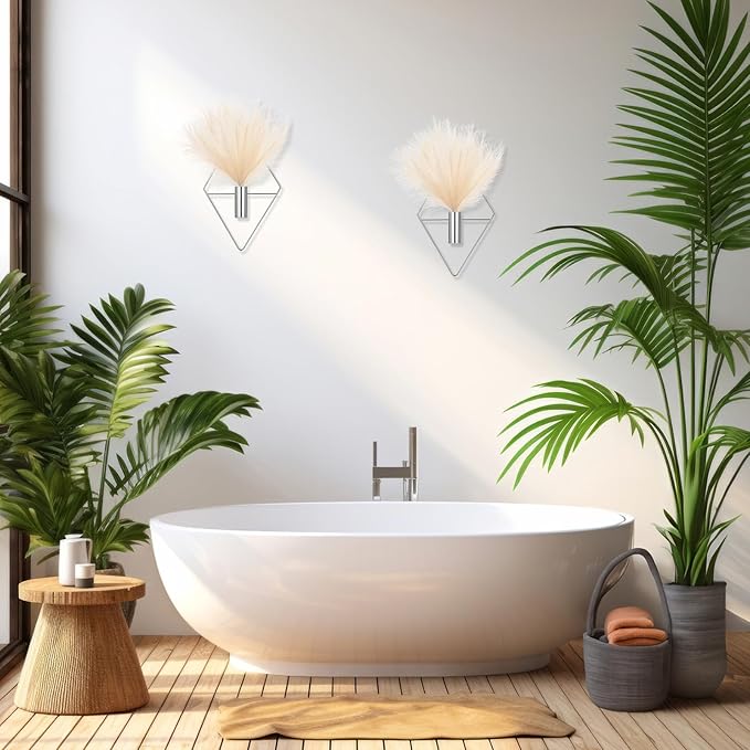 2 Pieces Wall Decor Hanging Planters with Artificial Plants Metal Hanging Vase Indoor Plants Holder Modern Boho Wall Art for Bathroom Bedroom Living Room Decor(Silver,Pampas Grass)