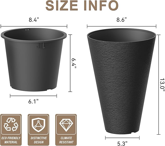 Kante Tall Round Planter Set of 2, 13 Inch Tall Decorative Planter Pots for Outdoor Indoor Garden Patio Front Porch (Brunish Black)