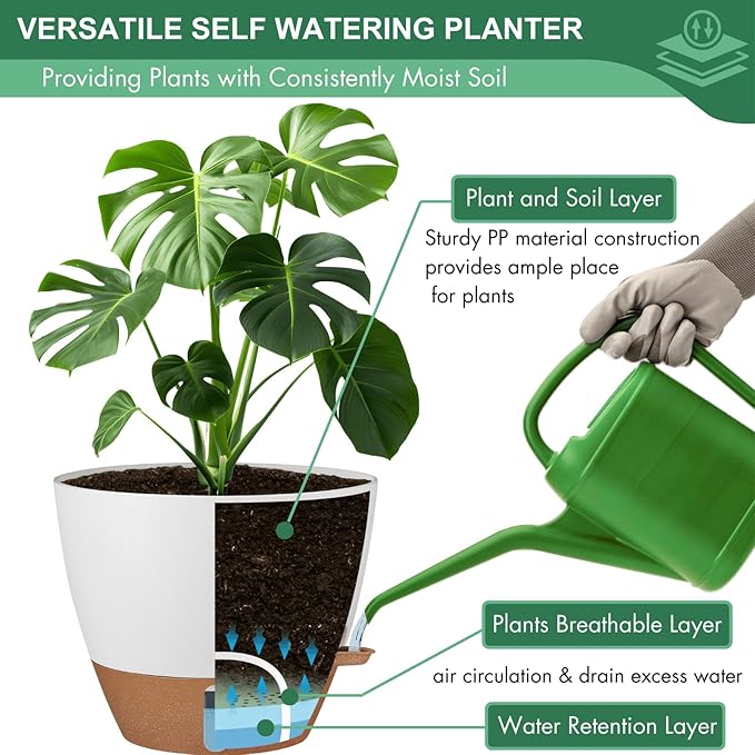 montresor 2 Pack 10 inch Plant Pots, PP Plastic Self Watering Plant Pot with Drainage and Tray for Indoor Outdoor Plants, Water Level Window & Reservoir Flower Pots Decorative Planter (White)