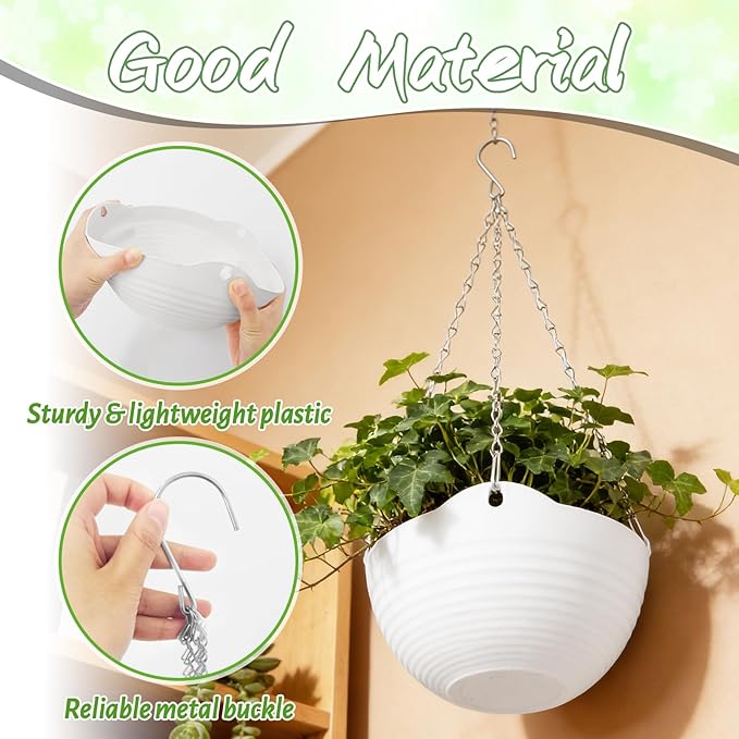 Bvrbaory 4 Pack 8 inch White Hanging Planters,Self-Watering Indoor Outdoor Plant Pots,Round Hanging Basket with Water Tray Metal Chain for Garden,Porch,Wall Decoration