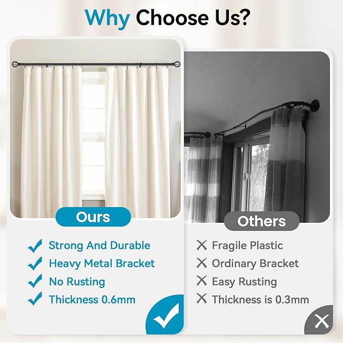 Black Curtain Rods for Windows 28 to 48 Inch, 5/8" Diameter Heavy Duty Metal Adjustable Small Drapery Rod With Bracket