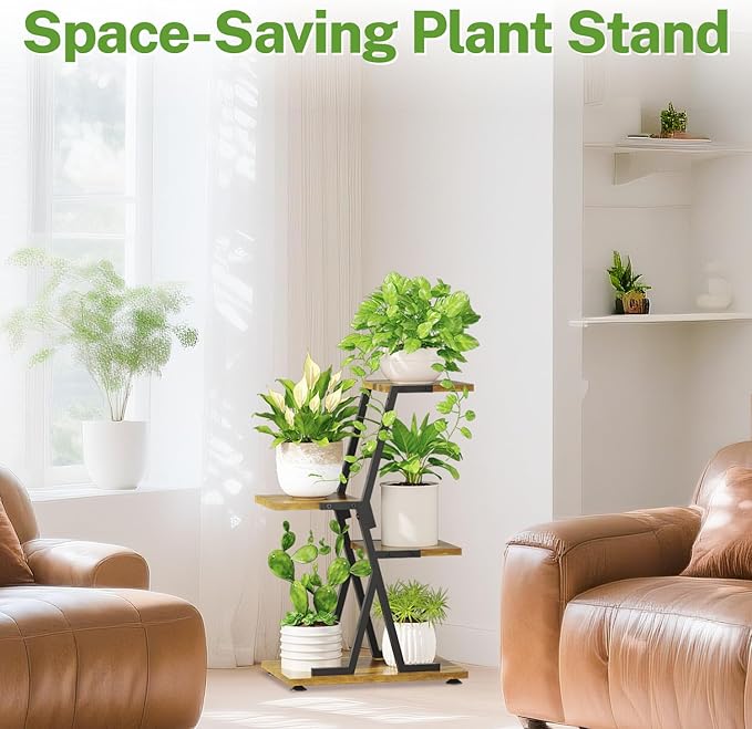 iDavosic.ly 3 Tier Indoor Plant Stand, Corner Tall Metal & Wood Flower Shelf, Orchid Display Rack for Living Room Balcony Patio Porch, Space Saving & Multifunctional Display, Black & Brown