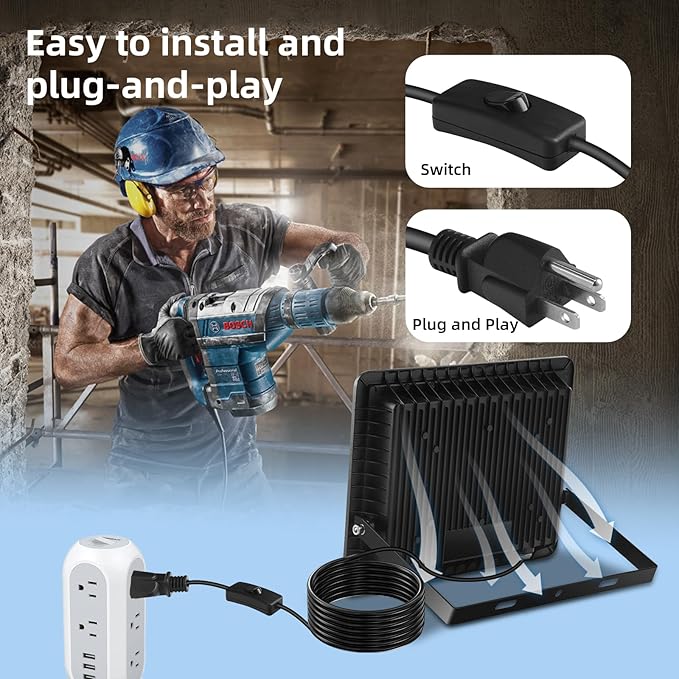 50W Flood Lights Outdoor,8000LM Bright LED Work Light,IP66 Waterproof Outside Lights for Yard with Switch and 6.5FT Plug,6500K Daylight White Portable Outdoor Yard Light for Garage,Garden,Stadium