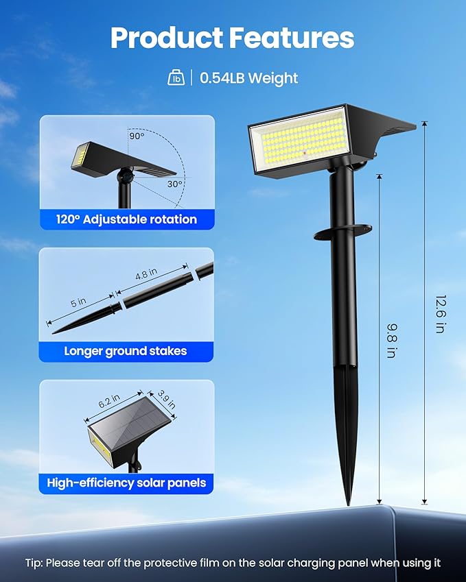 Koicaxy Solar Spot Lights Outdoor Waterproof IP65, 100 LEDs 4 Lighting Modes Landscape Spotlight for Garden Yard Pathway House, Cool White, 1 Pack
