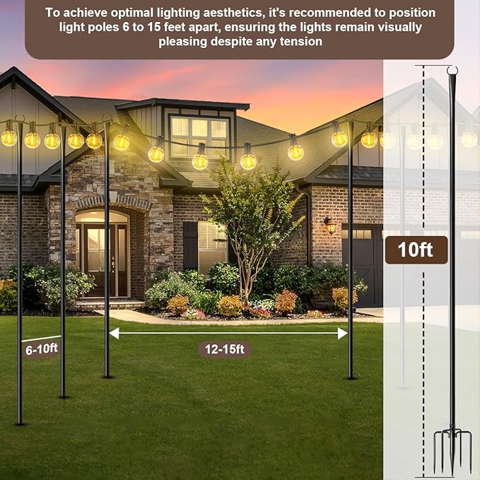 6 Pack 9FT String Light Poles for Outdoor,Metal Lights Hanging Pole Outside with Fork,Light Stand for Patio, Pergola, Garden, Backyard, Yard, Camping Party