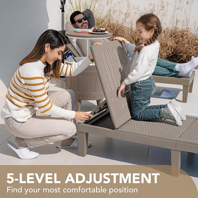 Devoko Outdoor Chaise Lounge Chair Set of 4 for Outside Pool Patio, Adjustable Waterproof Easy Assembly Chaise Lounge Outdoor (Light Brown, Set of 4)
