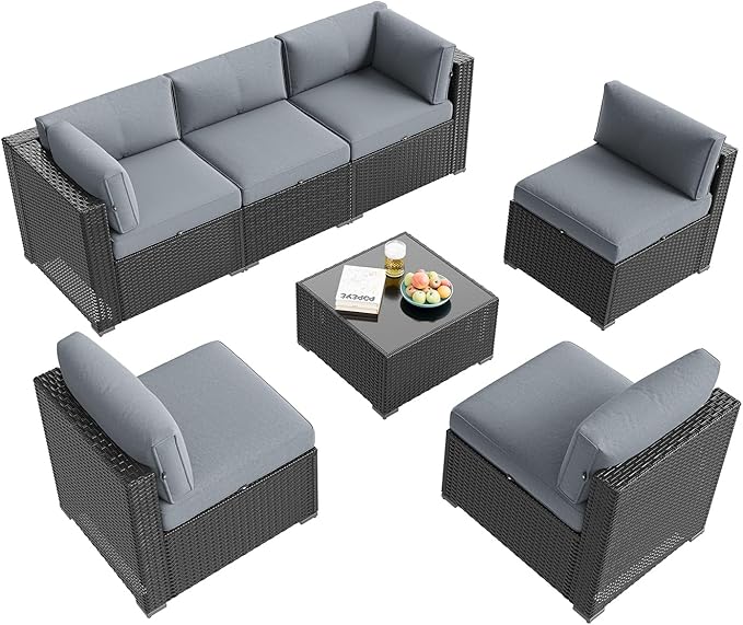 Aoxun Patio Furniture Set, 7 Piece Outdoor Sectional Sofas with Waterproof Cover, Wicker Rattan Outdoor Furniture Patio Conversation Set for Backyard, Garden Light Grey