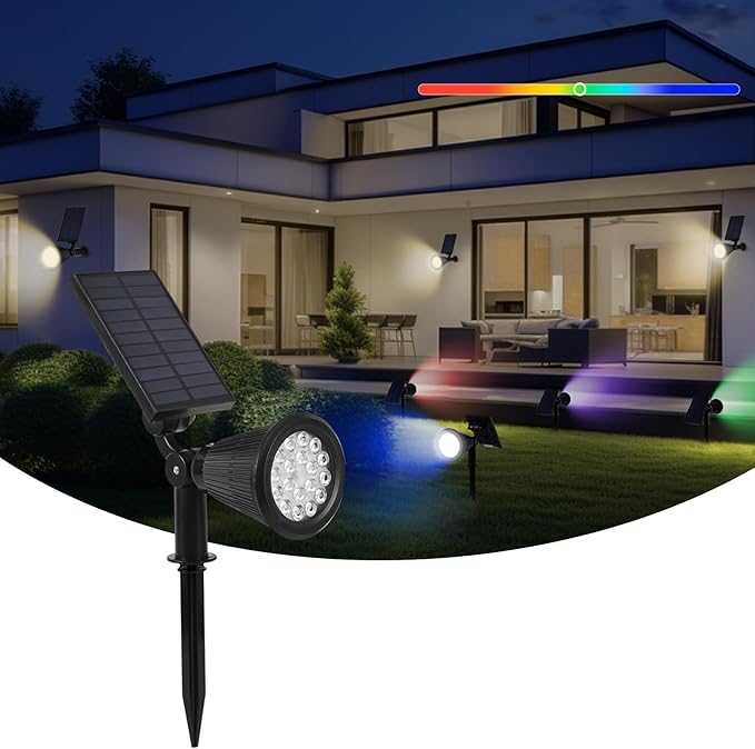 Solar Spot Lights Outdoor, 2-in-1 Wall Mount & Ground Stake 18 LEDs with 2 Lighting Modes, 7 Colors Changing, IP65 Waterproof Solar Landscape Lights for Garden, Pathway, Yard, Patio (1 Pack)