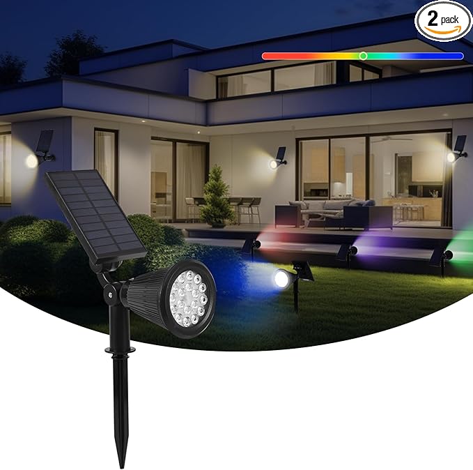 Solar Spot Lights Outdoor, 2-in-1 Wall Mount & Ground Stake 18 LEDs with 2 Lighting Modes, 7 Colors Changing, IP65 Waterproof Solar Landscape Lights for Garden, Pathway, Yard, Patio (1 Pack)
