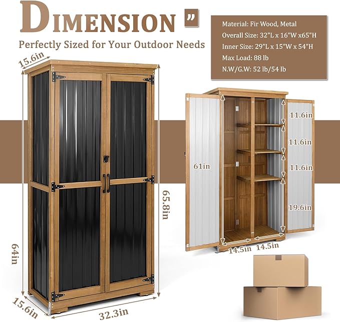 PetsCosset Outdoor Storage Cabinet, Wood & Metal Storage Shed with Weather-Resistant Roof, Removable Shelves, Lockable Doors, Outside Storage Tool Organizer for Garden, Patio, Backyard, Garage, Pool