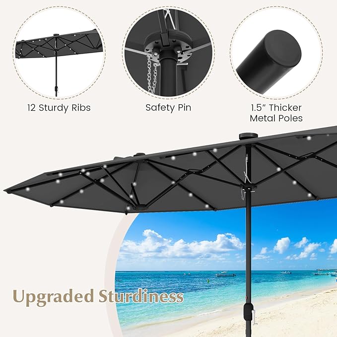 Tangkula 9 Pieces Rattan Outdoor Dining Set with 13Ft Solar Patio Umbrella for 6, Outdoor Wicker Table Set with 8 Cushioned Chairs, Acacia Wood Top, Outdoor Umbrella with Base Included