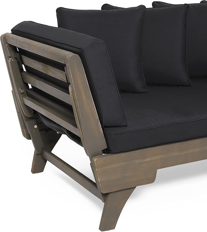 Merax Outdoor Patio Daybed Sofa,3-Seat Sofa with Foldable Arm 4 Back Pillows,Teak Acacia Wood Frame Beige Removable Cushion,Grey+Black