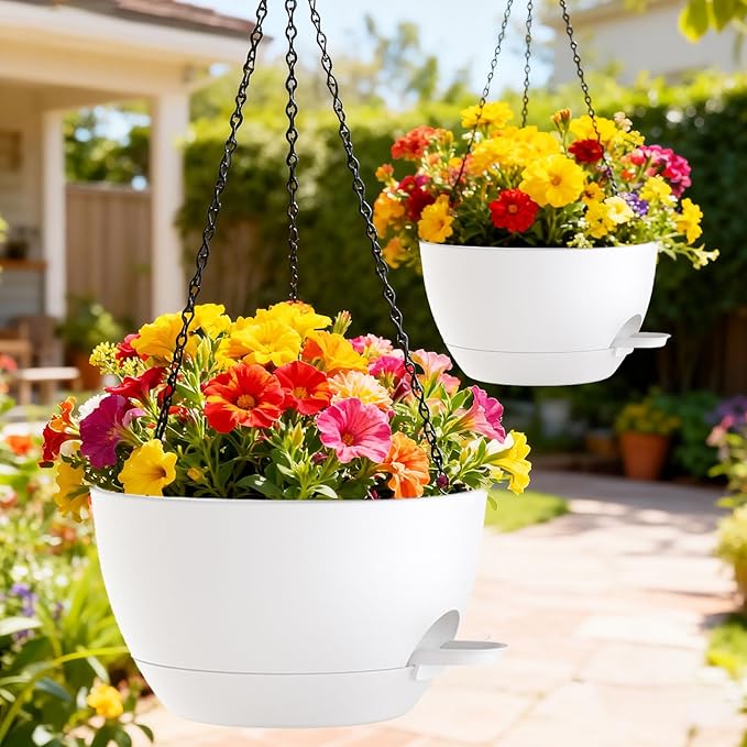 12 Inch Hanging Baskets 2 PC with Chains, Self-Watering Hanging Planters for Indoor Outdoor Plants, Plastic Hanging Flower Pots,White