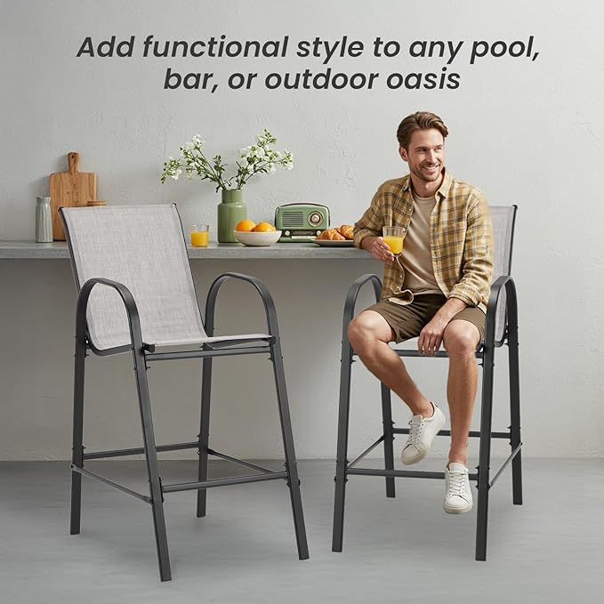 HOMREST Outdoor Bar Height Stools Set of 4,High Back Patio Chairs with Armrests,Textilene Chairs with Breathable Fabric & Metal Frame for All Weather,Light Grey