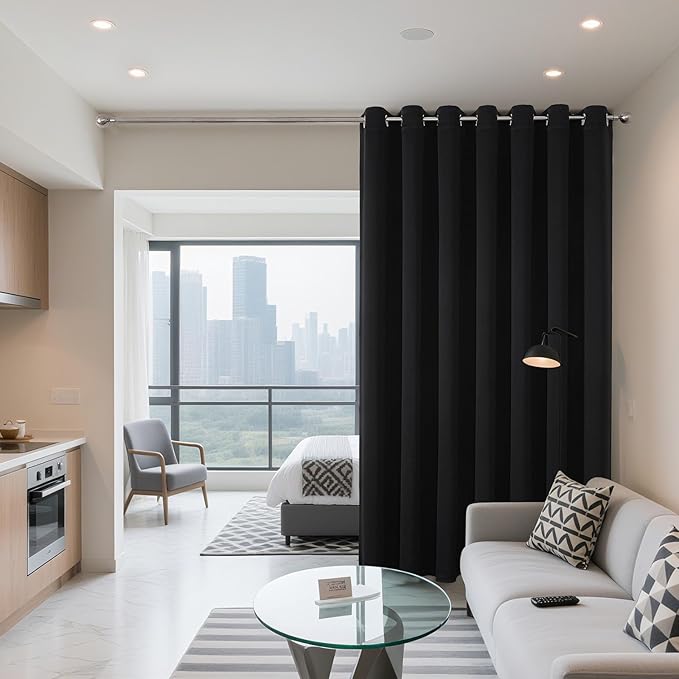 Joydeco Blackout Patio Sliding Door Curtains 90 Inches Long, Grommet Privacy Room Divider Curtains, Extra Wide Thermal Blackout Drapes for Bedroom Living Room (Black, 70Wx90L, 1 Panel)