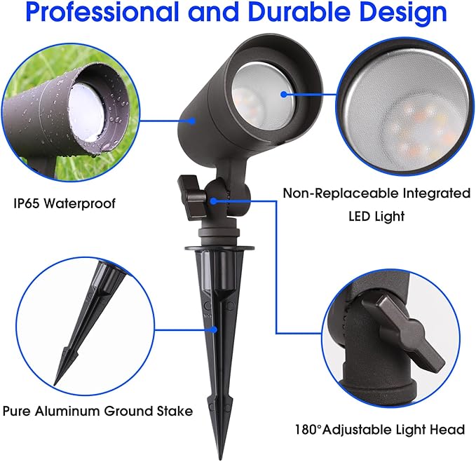 3CCT LED Landscape Lights with Connectors, 12V Low Voltage, 3000K/4000K/5000K Selectable, 3W, 200LM, Outdoor Waterproof Garden Pathway Lights Wall Tree Flag Spotlights with Spike Stand, 4 Pack