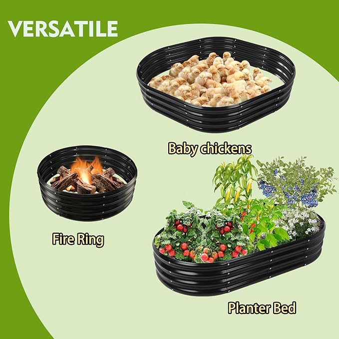 5X2.7X1 FT Oval Galvanized Metal Garden Raised Bed/Plant Box for Planting,32 Inches Diameter Iron Fire Pit Ring,Small Animal Fence-3 in 1 Modular Design in Black (Black, 60X32X11.5 Inches)