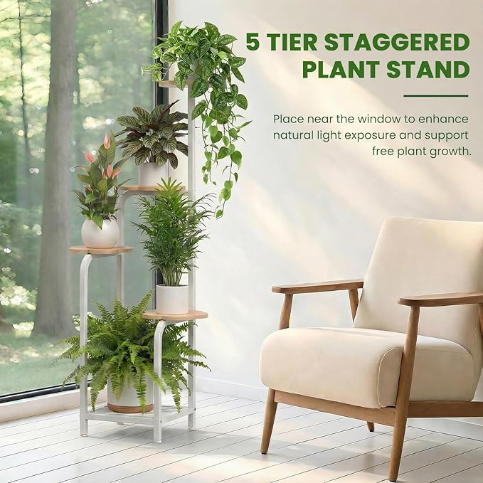 TOSKING 5 Tier Metal Plant Stand Indoor 48''H Tall ,Heavy Duty Plant Shelf , Corner Shelf Flower Pot Stand for Outdoor Plant Stand for Living Room Balcony Garden Patio Bedroom (5 Tier-White and Wood)