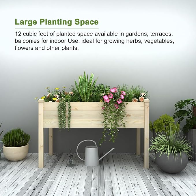 BIRASIL Outdoor Raised Garden Bed, Wood Planter Box for Vegetable Flower, Elevated Reinforced Large Garden Planters Boxes for Backyard Patio Gardening Balcony (48.5”L, Natural Wood)