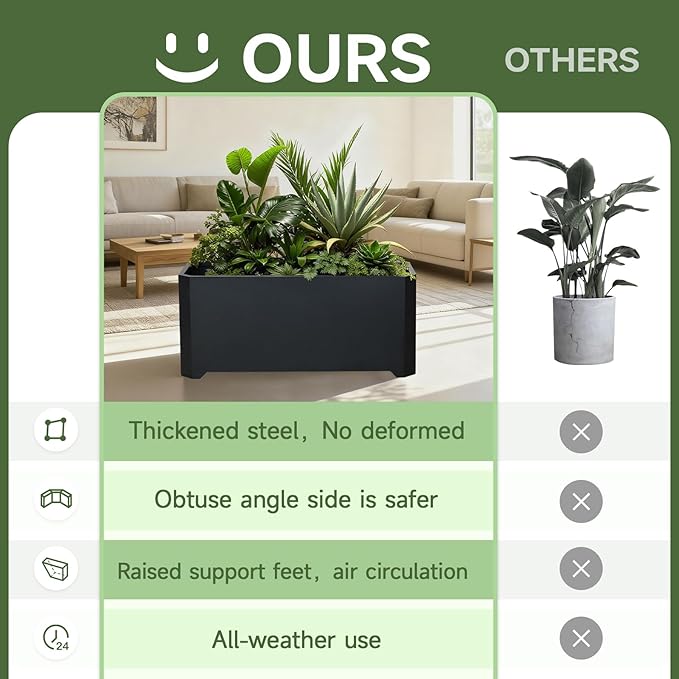 Steel Planter Box-36"x15"x15"-Large Rectangular Planters for Outdoor Plants, Black Matel Planter Box Raised Support Feet for Patio, Deck, Garden, Yard, Drain Holes, Easy Assembly