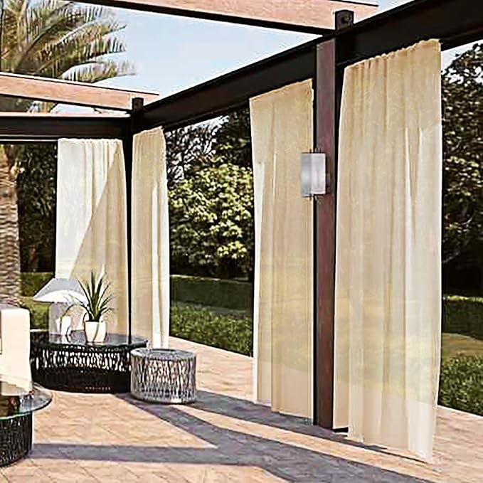 SpaceDresser Waterproof Outdoor Sheer Curtains for Patio - 4 Panels Rod Pocket Indoor Voile Sheer Curtain for Living Room,52W x 108L inch, Beige
