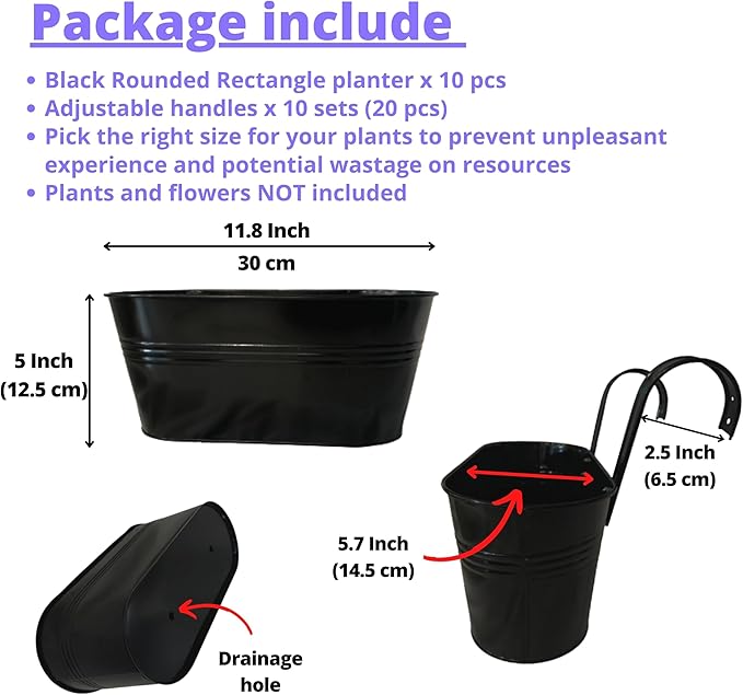 LaLaGreen Rail Planter Outdoor Plants(11.8 Inch, 10 Pack) Black Metal Iron Hanging Flower Pots Deck Railings Fence Buckets Modern Countryside Boho Style Wall Mount Window Box Plant Holder Porch Decor