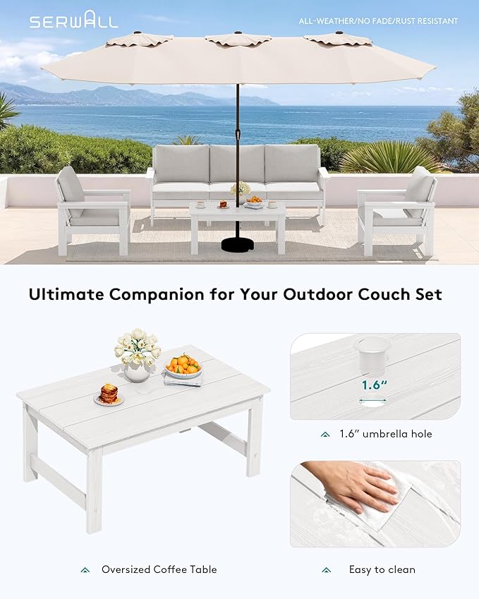 SERWALL HDPE Patio Coffee Table, Rectangle Outdoor Coffee Table, All-Weather Coffee Side Table for Balcony, Poolside, Deck, Garden, White